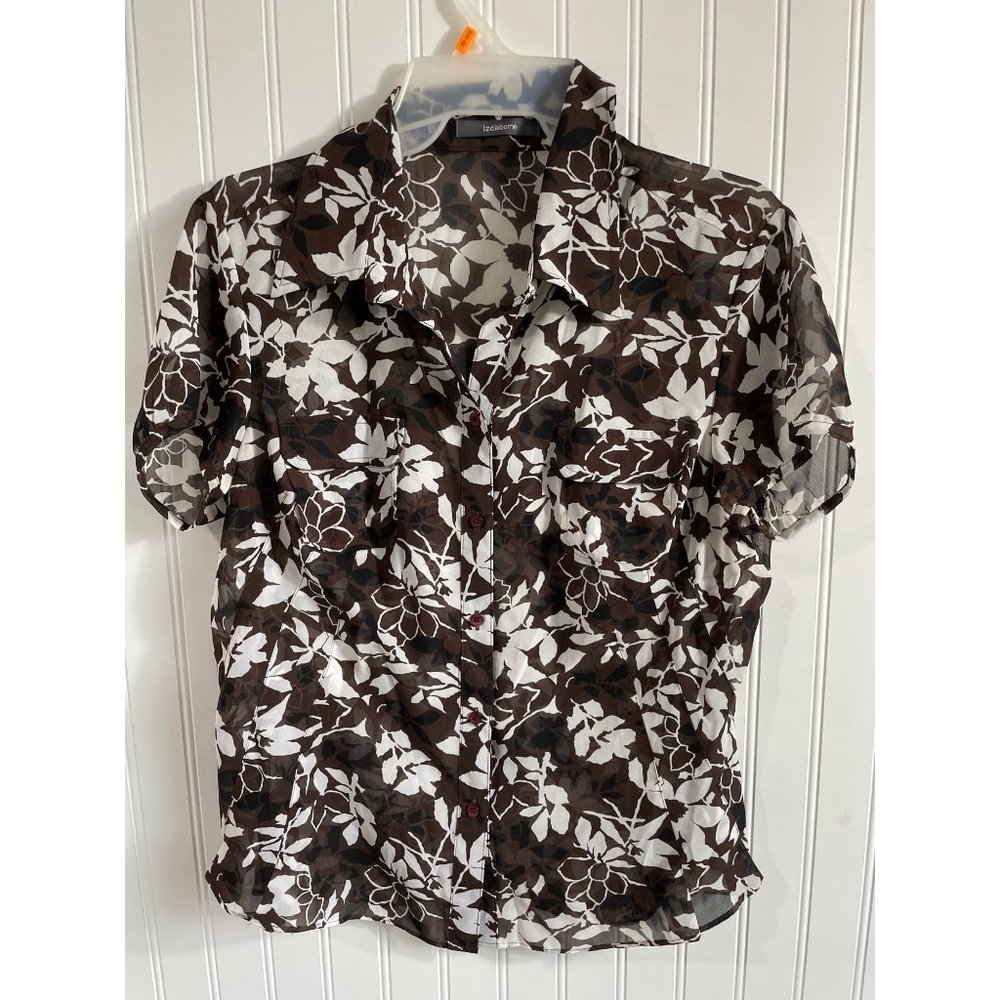Liz Claiborne Shirt Women's 10 Brown White Floral Semi Sheer Collared Blouse Top